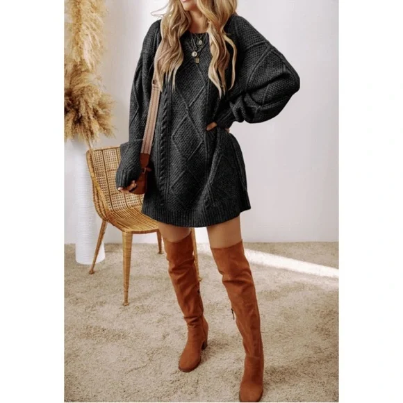 Cozy Black Cable Knit Sweater Dress - Picture 3 of 8